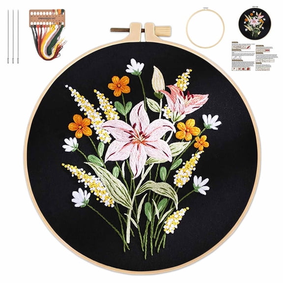 Embroidery Kit for Beginners & Adults, Cross Stitch Kit with Floral Patterns – Complete Starter Set with Hoop, Pre-Printed Fabric, Threads & Needles for DIY Crafting (E)