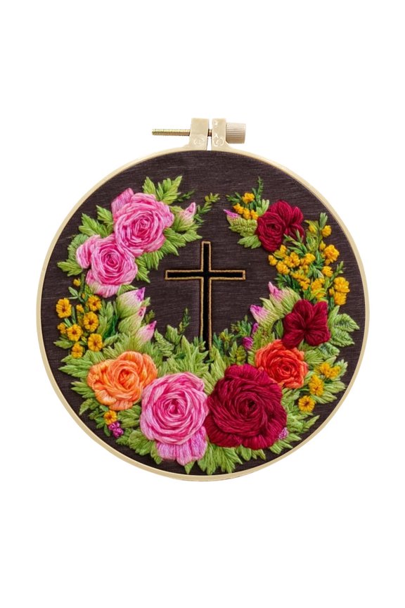 Embroidery Kit for Beginners Adults, Cross Stitch Kits, Easter Cross Jesus Pattern, Needlepoint Kit, Hoop, Threads, Video - Rustic Floral Cross Design for Home Decor