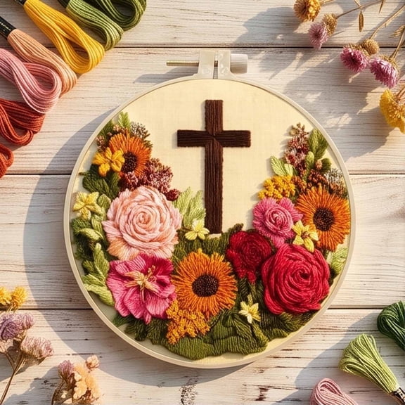 Embroidery Kit for Beginners Adults, Cross Stitch Kits, Easter Cross Jesus Pattern, Needlepoint Kit, Hoop, Threads, Video - Rustic Floral Cross Design for Home Decor