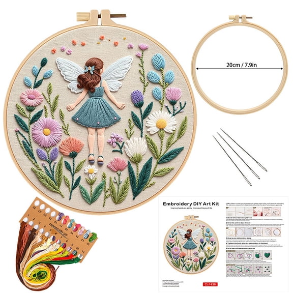 Embroidery Kit for Beginners Adults, Cross Stitch Kits, Elf Flower Fairy Floral Starter Kit, Needlepoint Kit Instruction, Hoop, Threads, Video - Fairy Floral Wreath Design for Home Decor