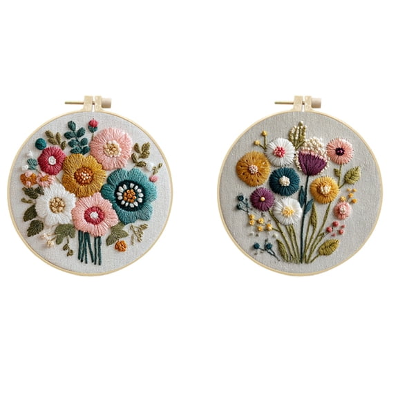 Embroidery Kit for Beginners and Adults - Cross Stitch Needlepoint Set with Hoop, DIY Hand Embroidery Needlepoint Set with Hoop, Threads and Instructions(1pc - Flower)