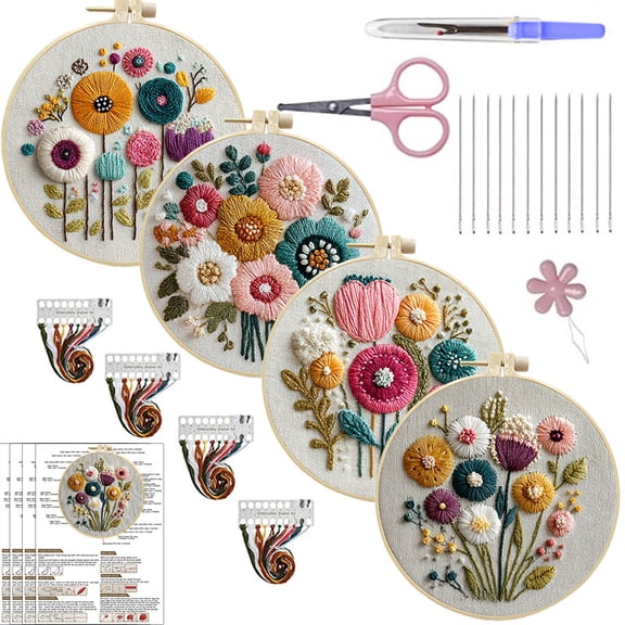 Embroidery Kit for Beginners & Adults – DIY Cross Stitch Set with Hoop, Threads, Pre-Printed Fabric & Instructions, Perfect Starter Needlepoint Kit(RL 4 Set)