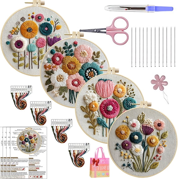 Embroidery Kit for Beginners and Adults, DIY Hand Embroidery Starter Kit with Cute Pattern, Cross Stitch Needlepoint Set with Hoop, Threads and Instructions (4pcs)