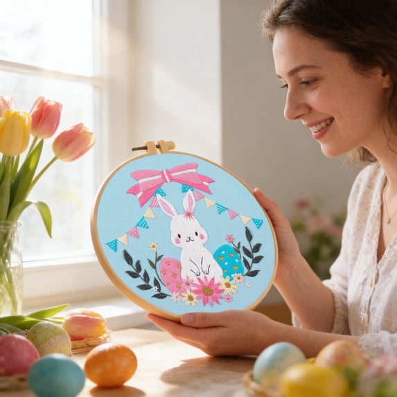Embroidery Kit for Beginners and Adults, DIY Hand Embroidery Starter Kit with Cute Pattern, Cross Stitch Needlepoint Set with , Threads and Instructions (Easter Bunny A)