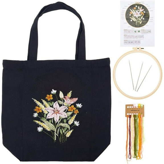 Embroidery Kit for Beginners Black Canvas Tote Bag Flower Grass Pattern Stitch Kit Arts Crafts Handy Sewing Set DIY Kits Starter Supplies with Color Threads Printed Needles Hoop 1set