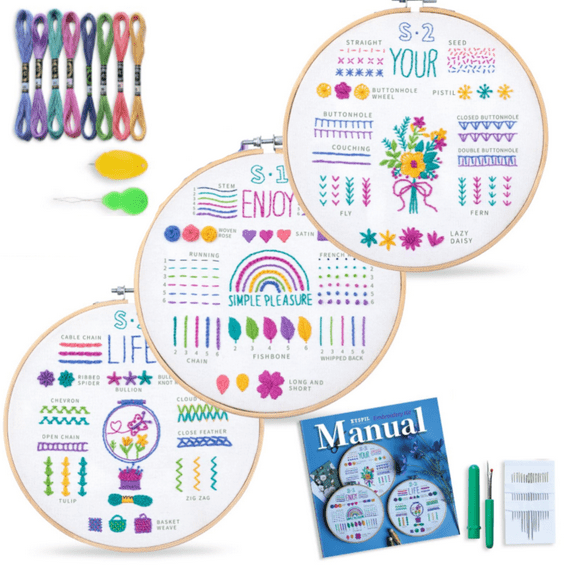 Embroidery Kit for Beginners Building Levels for Kids & Adults, Stamped Basic Stitch Patterns, Easy Arts & Crafts with 3 Hoops, Threads/Floss, Needles, Scissors & Instructions