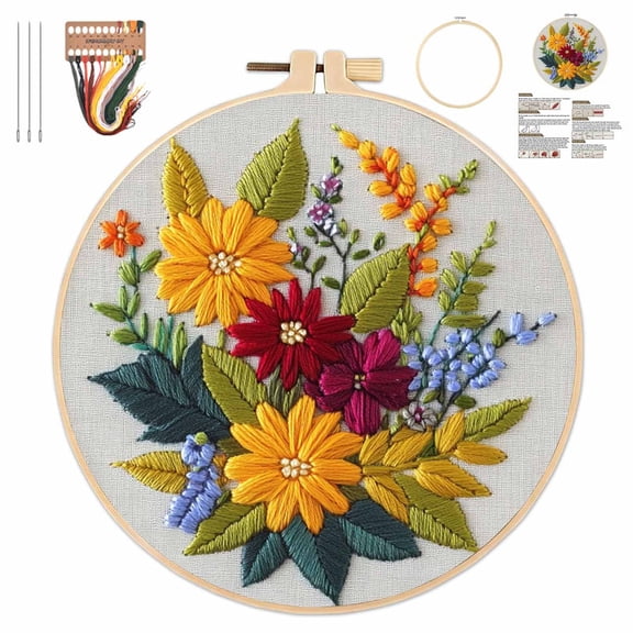 Embroidery Kit for Beginners, Colorful Flowers Pre-Stamped Pattern Kits for Adults with Hoop, Thread Needlework for DIY Craft, Creative Relaxing Hobby, Wall Art Decor (A)