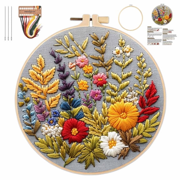 Embroidery Kit for Beginners, Colorful Flowers Pre-Stamped Pattern Kits for Adults with Hoop, Thread Needlework for DIY Craft, Creative Relaxing Hobby, Wall Art Decor (C)