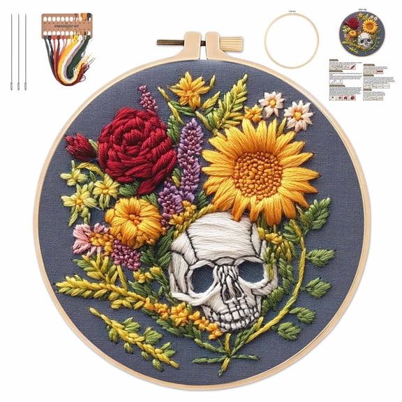 Embroidery Kit for Beginners, Colorful Flowers Pre-Stamped Pattern Kits for Adults with Hoop, Thread Needlework for DIY Craft, Creative Relaxing Hobby, Wall Art Decor (D)