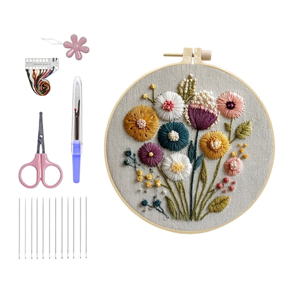 Embroidery Kit For Beginners Cross Stitch Kits Needlepoint Set Colorful Flowers Patterns Embroidery Thread Kit For Craft Lover Hand Stitch With Threads Hoop Fabric-Floral