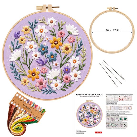 Embroidery Kit for Beginners Flower Cross Stitch Craft Kit for Adults with Pre-Printed Embroidery Fabric, Hoops, Step-by-Step Instructions, Color Threads & Needles (A)
