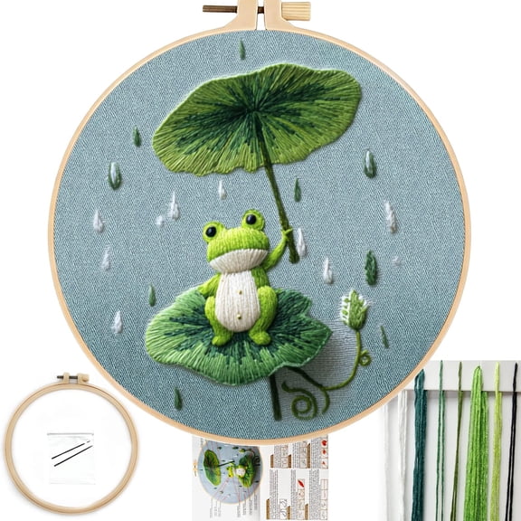 Embroidery Kit for Beginners - Frog Under Lotus Leaf DIY Cross Stitch Set, Pre-Printed Fabric with 8’’ Hoop, Cute Rainy Day Art Craft for Adults, Home Decor & Handmade Gift (Green 02)