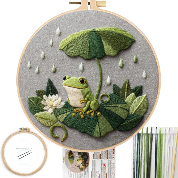 Embroidery Kit for Beginners - Frog Under Lotus Leaf DIY Cross Stitch Set, Pre-Printed Fabric with 8’’ Hoop, Cute Rainy Day Art Craft for Adults, Home Decor & Handmade Gift (Green 02)