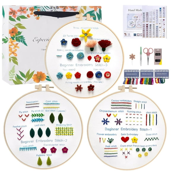 Embroidery Kit for Beginners with Gift Bags, 3PCS Practice Samplers Stitches Handwork Embroidery Starter Kit, Birthday Gifts Christmas Gifts for Girls Adult Crafters Mother