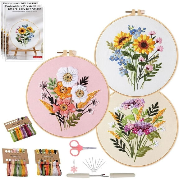 Embroidery Kit for Beginners,Jiaroutk 3 Sets Embroidery Starter Kit with Pattern and Instructions Craft Stamped Cloth with Flowers Pattern Hoops Threads and Needles