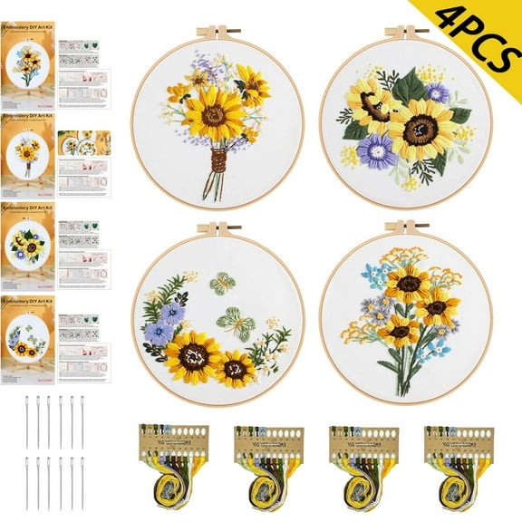 Embroidery Kit for Beginners,Jiaroutk 4 Sets Embroidery Starter Kit with Pattern and Instructions Craft Stamped Cloth with Sunflower Pattern Hoops Threads and Needles