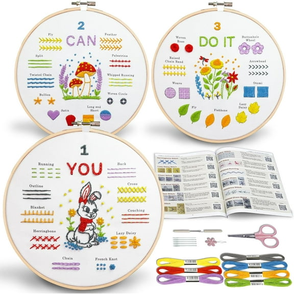 Embroidery Kit for Beginners, Learn to Embroider Top 29 Stitches and Cute Patterns with Video Tutorial and Instruction Booklet, Beginner Embroidery Kit for Adults Kids, Stitches Kit