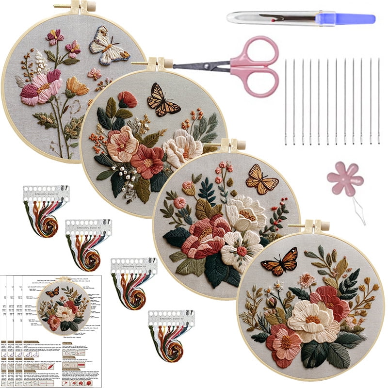 Embroidery Kit for Beginners, Stamped Cross Stitch Kits for Beginner, Floral Pattern Embroidery Starter Kits for Adults with Embroidery Hoop Instructions Threads and Needles Scissors(4 Set)