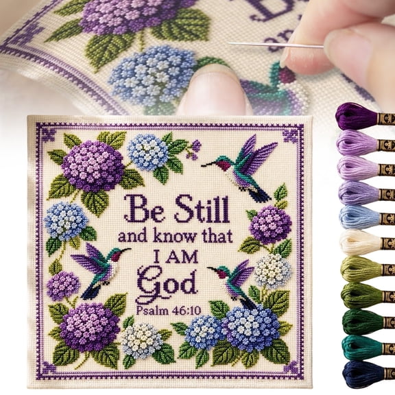 Embroidery Kit Cross Stitch Needlepoint Stamped Garden Pattern DIY Beginner Set Religious Christian Psalm Faith Bible Verse Fabric Wall Decor Crafts Sewing Project Hummingbird 8"