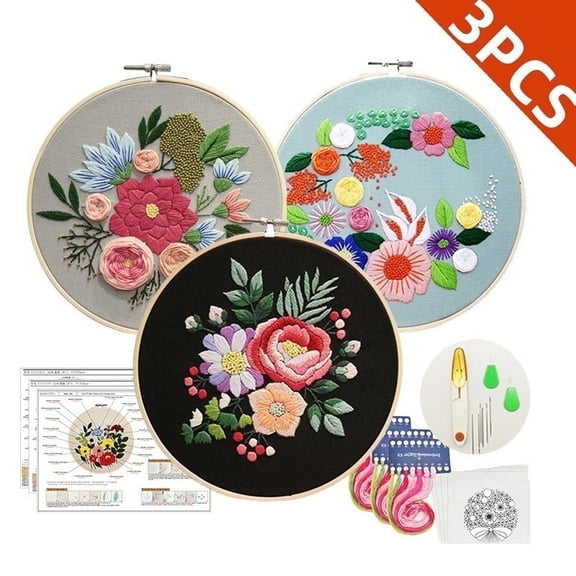 Kabuer Flower Embroidery Kit for Adults Beginners, 3 Sets Cross Stitch Kits Include Embroidery Hoop and Complete Embroidery Tools, DIY Craft Gift for Women
