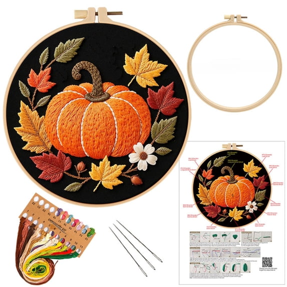 Embroidery Kit, Fall Cross Stitch Kits, Embroidery Starter Kit for Adult Beginner with Pumpkin Flower Pattern Hand Embroidery Set with Cloth Hoop Needle Threader Floss and Instruction, 7.87in
