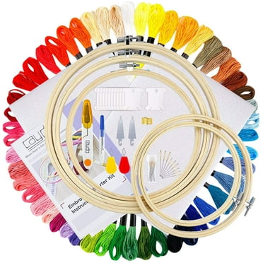 Embroidery Kit with Instructions Contains 50 Colors Threads, Embroidery Hoops, Sewing Pins, Floss Bobbins and Cross Stitch Tools, Hand Embroidery Starter Kit for Adults Beginners