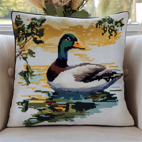 Embroidery Kit Pillowcase for Beginners, Ducks in the river Cross Stitch Cushion Kit,DIY Embroidery Pillow Case,Pillow Cover Kit,for Living Room Sewing Art Home Decoration