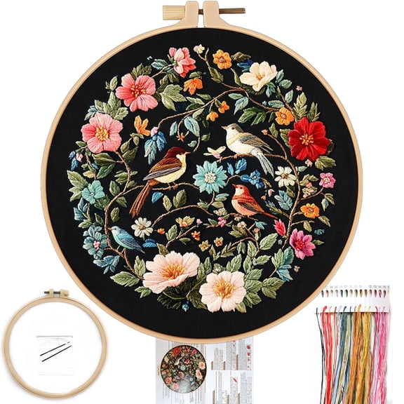 Embroidery Kit for Beginners, Birds with Flowers Pre-Stamped Pattern Kits for Adults with Hoop, Easy to Follow Color Thread Needlework
