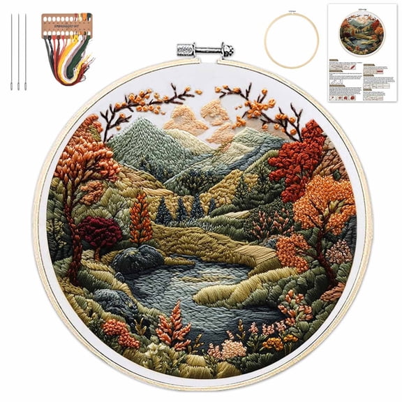 Embroidery Kit for Beginners, Boho Nature Landscape Pre-Stamped Pattern Kits for Adults with Hoop, Color Thread Needlework, 8'' Hoop (A)