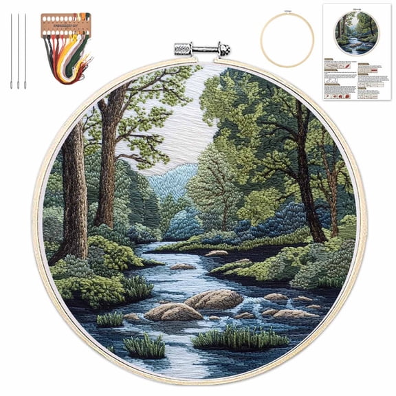 Embroidery Kit for Beginners, Boho Nature Landscape Pre-Stamped Pattern Kits for Adults with Hoop, Color Thread Needlework, 8'' Hoop (B)