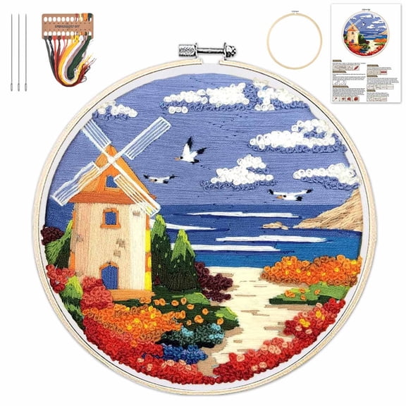 Embroidery Kit for Beginners, Boho Nature Landscape Pre-Stamped Pattern Kits for Adults with Hoop, Color Thread Needlework, 8'' Hoop (C)
