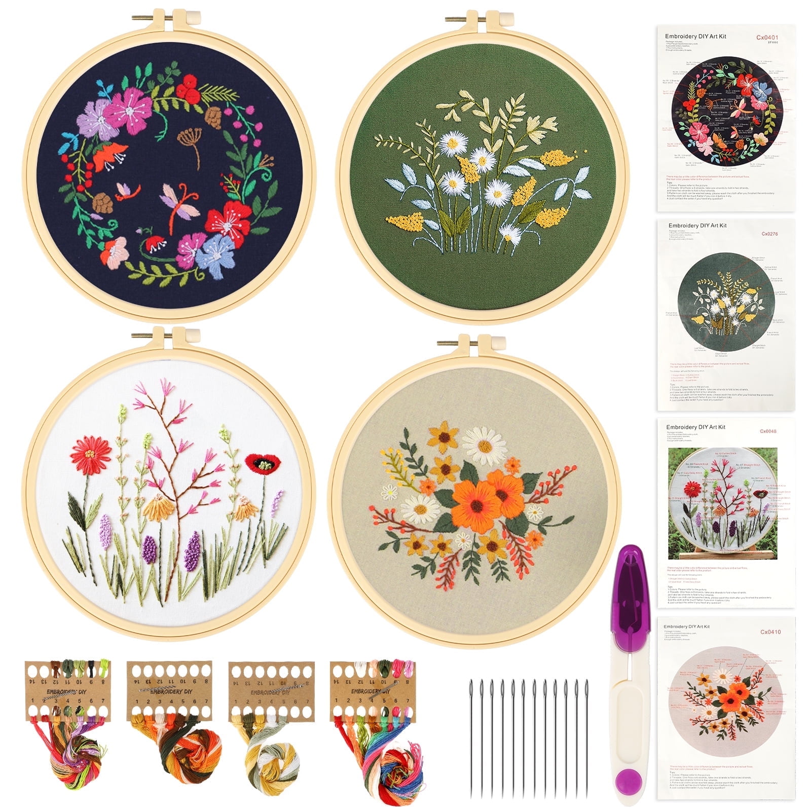 Celectigo Embroidery Kit for Beginners 4Pack Floral Cross Stitch Kits with 27Pcs Sewing Set of Hoops, Threads, Needles