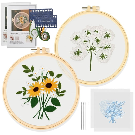 Embroidery Kit for Beginners, EEEkit 2 Set Cross Stitch Starter Sewing with Floral Pattern and Hoop