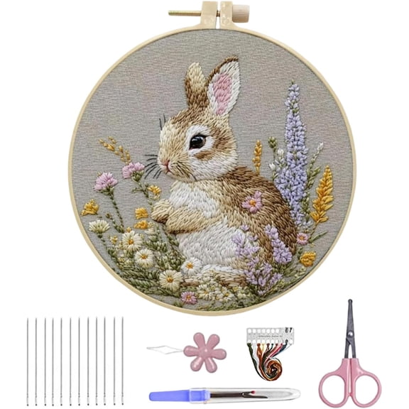 Embroidery Kit for Beginners, Easter Bunny Embroidery Kit with Stamped Pattern, DIY Punch Needle Set for Craft Lovers and Home Decor (Khaki)