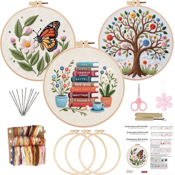 Embroidery Kit for Beginners,Embroidery Starter Kit with Pattern and Instructions Craft Stamped Cloth with Threads and Needles 3 Pattern Hoops