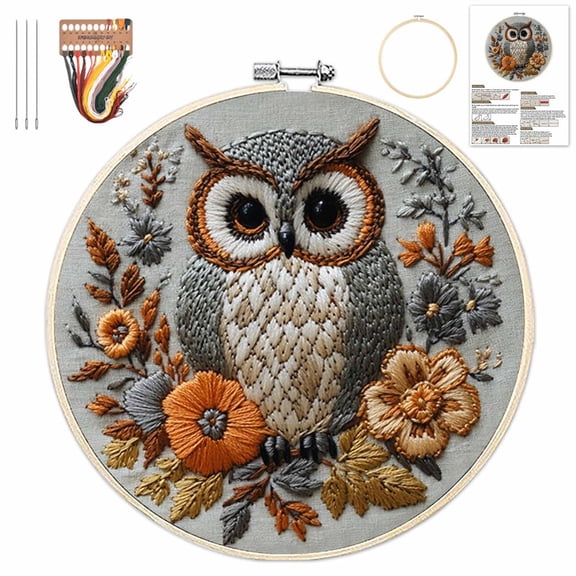 Embroidery Kit for Beginners, Owl Flowers Pre-Stamped Pattern Kits for Adults with Hoop, Easy to Follow Color Thread Needlework, 8'' Black Hoop (C)