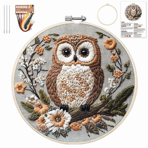 Embroidery Kit for Beginners, Owl Flowers Pre-Stamped Pattern Kits for Adults with Hoop, Easy to Follow Color Thread Needlework, 8'' Black Hoop (D)