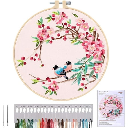 Embroidery Kit for Beginners, Sewing Starter Set Craft Stamped Cloth with Birds and Flowers Pattern Hoops Threads Needles