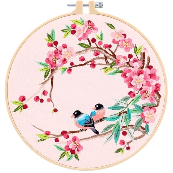 Embroidery Kit for Beginners, Sewing Starter Set Craft Stamped Cloth with Birds and Flowers Pattern Hoops Threads Needles