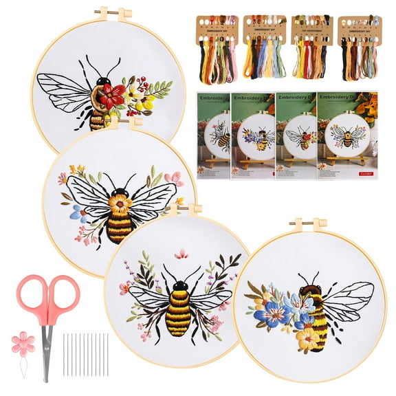Embroidery Kit for Beginners and seasoned embroidery enthusiasts— 4 Pack Bee and Flower Cross Stitch Kits with Sewing Set of Hoops,Threads,Needles