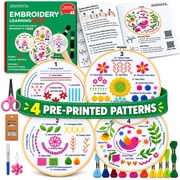 aZenera Embroidery Kit for Beginners - Learn 33 Stitches with Video Instructions, Cross Stitch Tutorials, Hoop, 4 Pattern Designs