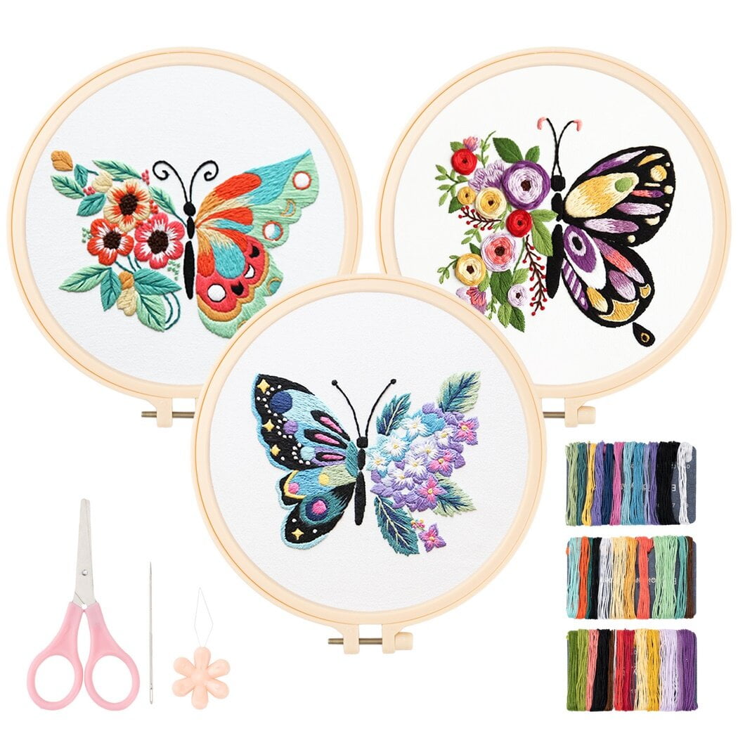 Yutaohui Butterfly Embroidery Kit with Flower,Funny Embroidery Kit for  Adults Beginner,Stamped Cross Stitch Kit for Crafts Starters with 1 Plastic  Embroidery Ho…