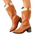 thumbnail image 1 of Embroidery Knee High Cowboy Boots Women Stacked Heel Splice Leather Wide Calf Pull on Long Cowgirl Booties, 1 of 7