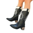 thumbnail image 1 of Embroidery Knee High Cowboy Boots Women Stacked Heel Splice Leather Wide Calf Pull on Long Cowgirl Booties, 1 of 7