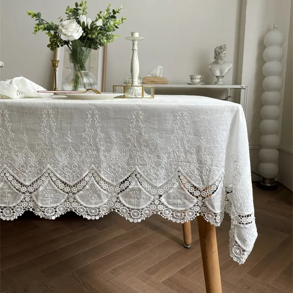 Embroidery Lace 100% Cotton White Flower Tablecloth for Home Wedding Party Decoration Table Cloth Luxurious Table Cover (lace tablecloth,130x220cm)