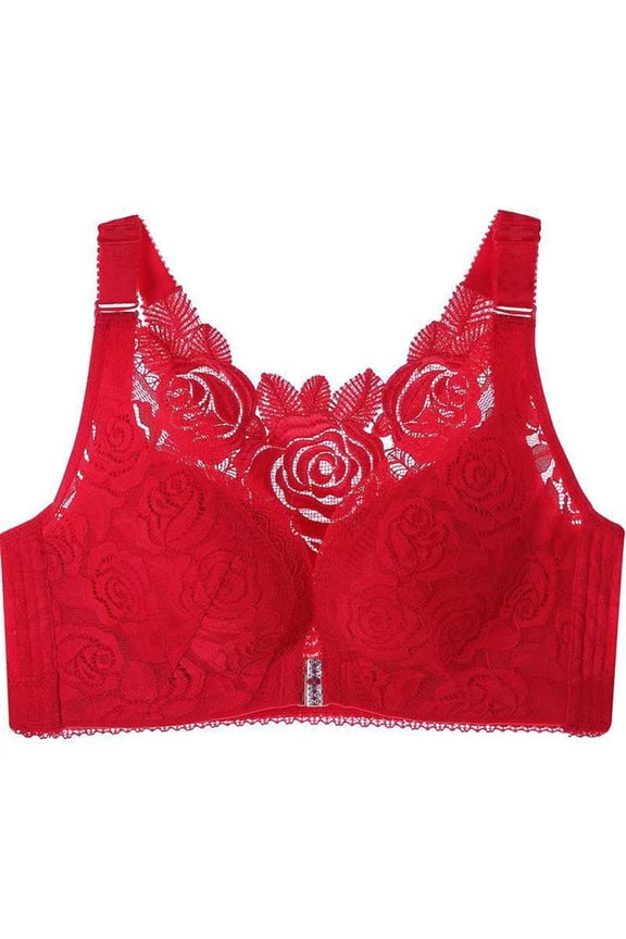 Embroidery Lace Comfortable Rose Bra, Support Push up Plus Size Lingerie, Seamless Front Closure Lace Bralette