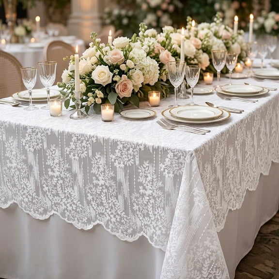 Embroidery Lace Tablecloth Elegant White Lace Table Cover Overlay with Scalloped Edge Rectangular/Square Machine Washable for Wedding Party Dining Table