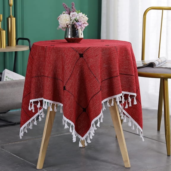 Embroidery Lattice Small Square Tablecloth with Tassel Heavy Duty Rustic Fabric Cloth Wrinkle Resistant End Side Table Cove for Kitchen Dining Room Tabletop Decoration 36 x 36 Inches