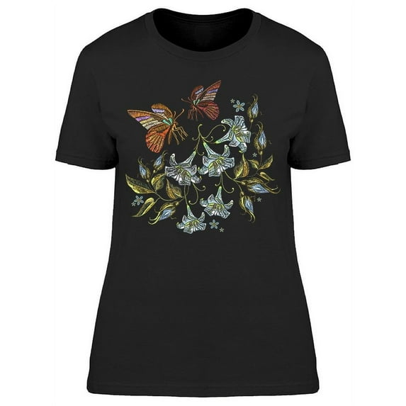 Embroidery Lilies And Butterfly T-Shirt Women -Image by Shutterstock, Female Medium