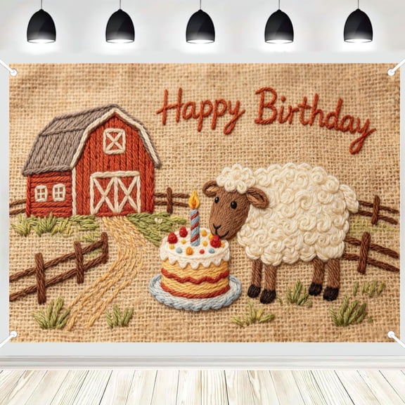Embroidery Linen Texture Farm Sheep Birthday Backdrop, Stitched Art Style Farm Party Photography Banner 5x7ft